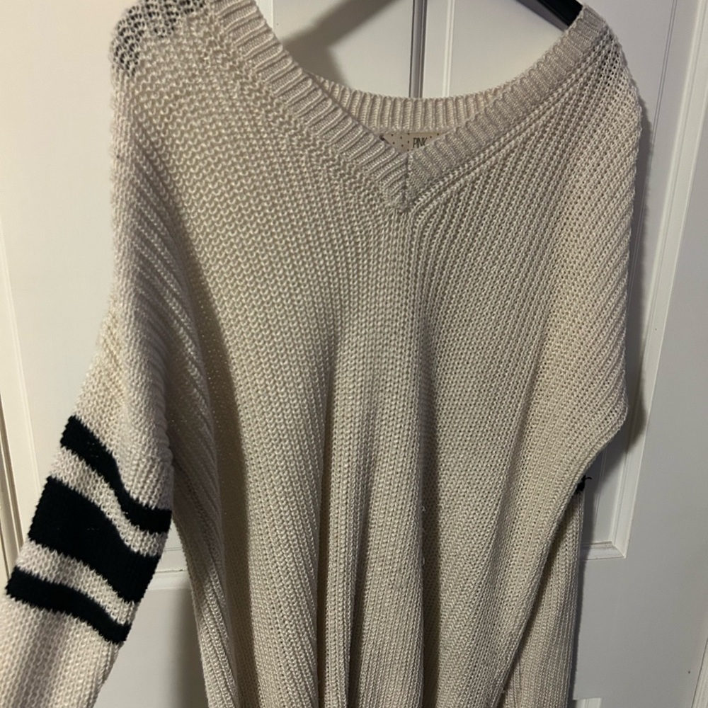 Pink Rose Beige V-Neck Sweater with Black Stripes